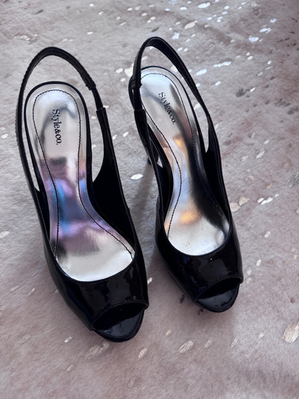 Black Patent Peep-Toe Slingback Heels